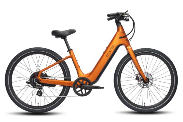 Orange Aventon Pace electric commuter bike with a step-through frame.