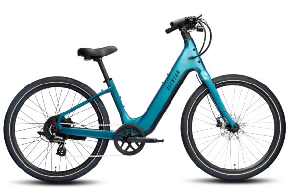 Teal Aventon step-through electric bicycle.