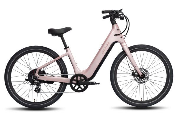 Light pink Aventon step-through electric bicycle on a white background.
