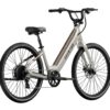 Light-colored Aventon step-through electric bike.