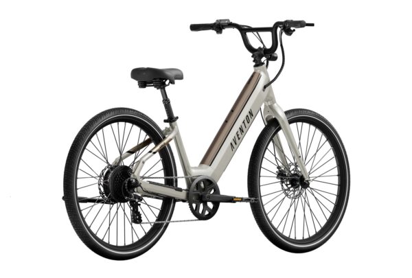 Light-colored Aventon step-through electric bike.