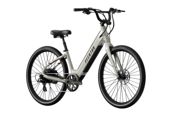 Light grey Aventon step-through electric bicycle on a white background.