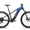 Blue Aventon electric mountain bike with knobby tires and front suspension.