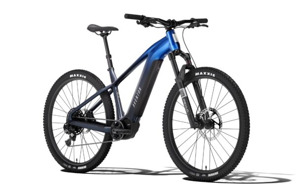 Aventon electric mountain bike in metallic blue.