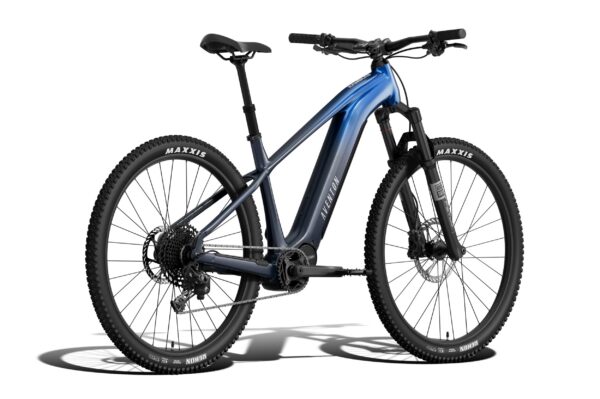 Blue Aventon electric mountain bike with knobby tires and a front suspension fork.