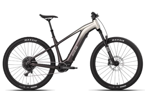 Aventon electric mountain bike with knobby tires, a suspension fork, and a two-tone silver and dark gray frame.