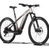 Aventon electric mountain bike with a two-tone frame, suspension fork, and knobby tires.