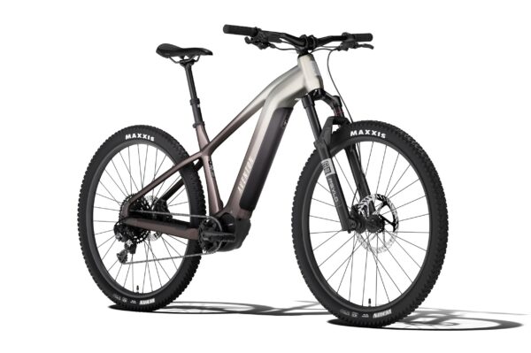 Aventon electric mountain bike with a two-tone frame, suspension fork, and knobby tires.