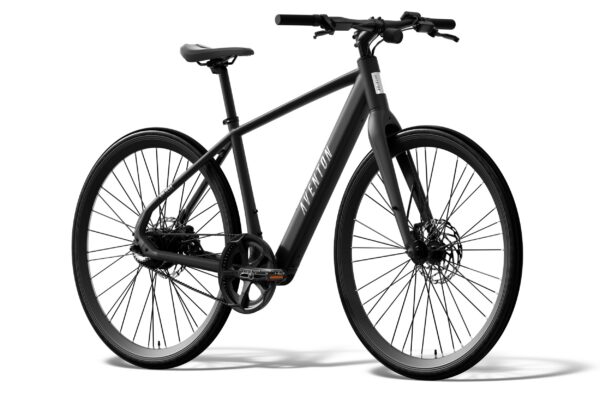 Matte black Aventon electric commuter bike on a white background.