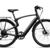 Matte black Urtopia electric bicycle with a rear cargo rack, fenders, and disc brakes.