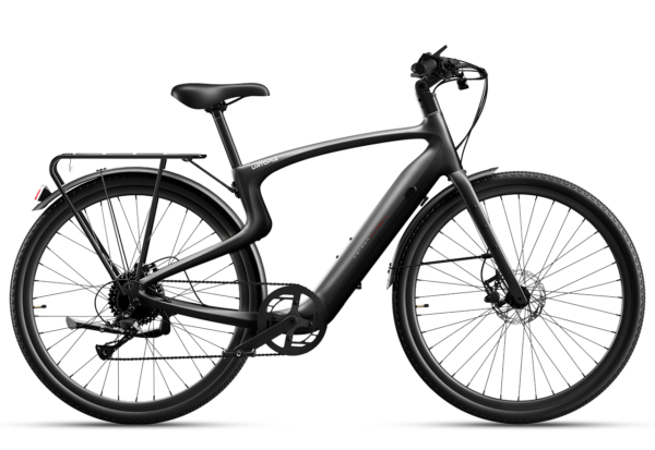 Matte black Urtopia electric bicycle with a rear cargo rack, fenders, and disc brakes.