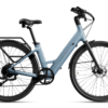 Light blue step-through electric bicycle with a rear rack, black fenders, and disc brakes.