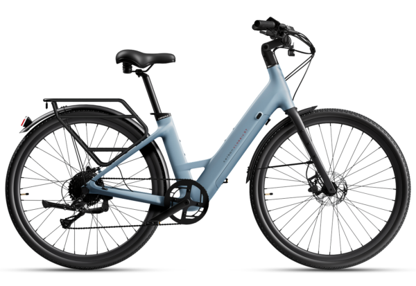 Light blue step-through electric bicycle with a rear rack, black fenders, and disc brakes.
