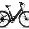 Matte black electric commuter bike with a step-through frame, rear cargo rack, and fenders.