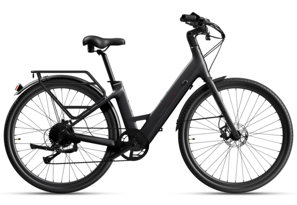 Matte black electric commuter bike with a step-through frame, rear cargo rack, and fenders.