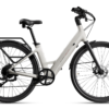 Light gray step-through electric commuter bike with a rear rack, black fenders, and disc brakes.