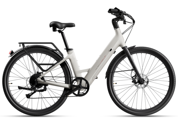 Light gray step-through electric commuter bike with a rear rack, black fenders, and disc brakes.