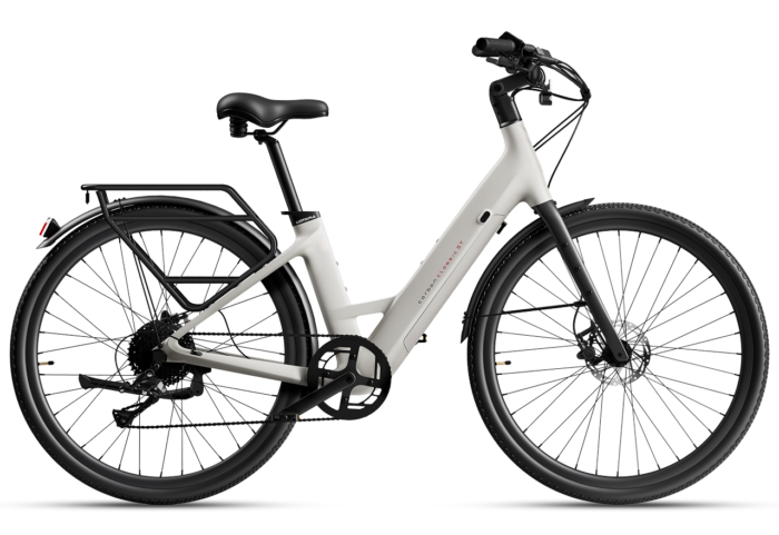 Light gray step-through electric commuter bike with a rear rack, black fenders, and disc brakes.