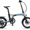 Light blue Urtopia folding electric bike with black frame components and a rear rack.
