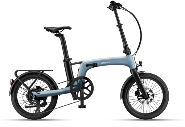Light blue Urtopia folding electric bike with black frame components and a rear rack.