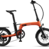 An orange Urtopia folding electric bike with a rear rack, black handlebars, and black wheels.