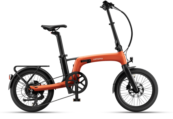An orange Urtopia folding electric bike with a rear rack, black handlebars, and black wheels.