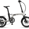 Urtopia folding e-bike with a white frame, black components, and a rear cargo rack.