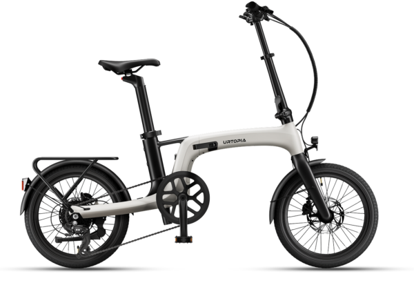 Urtopia folding e-bike with a white frame, black components, and a rear cargo rack.