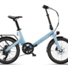 Light blue Urtopia folding electric bike with black handlebars, seat, and fenders.