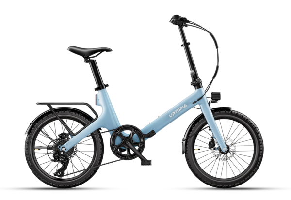 Light blue Urtopia folding electric bike with black handlebars, seat, and fenders.