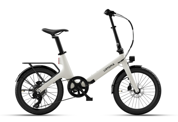 Off-white Urtopia folding electric bike with black components, a rear rack, and disc brakes.