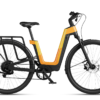 Urtopia step-through electric bike in black and orange with a rear cargo rack.