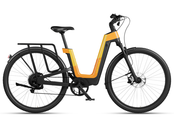 Urtopia step-through electric bike in black and orange with a rear cargo rack.
