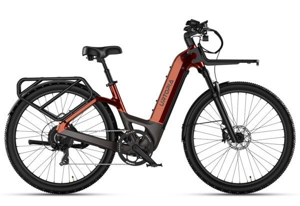 Urtopia electric bike with a step-through frame, front and rear cargo racks, and knobby tires.