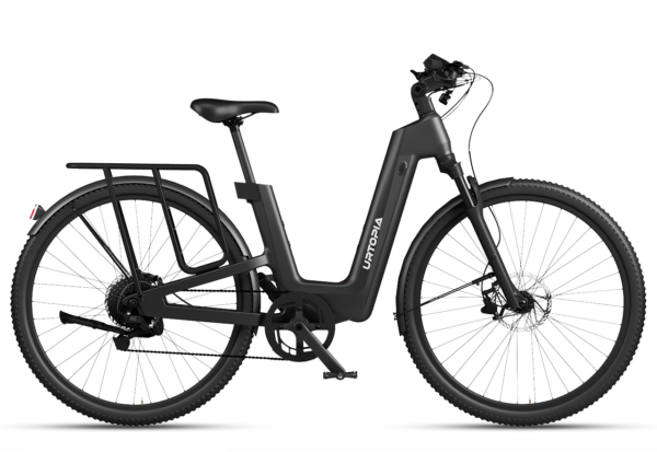 Matte black Urtopia electric step-through bicycle with a rear rack and knobby tires.