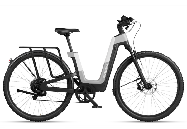 Urtopia step-through electric bike in gray and black with a rear cargo rack.