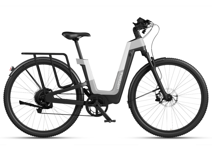 Urtopia step-through electric bike in gray and black with a rear cargo rack.