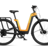 Urtopia electric bike with a step-through frame, rear rack, and yellow and black finish.