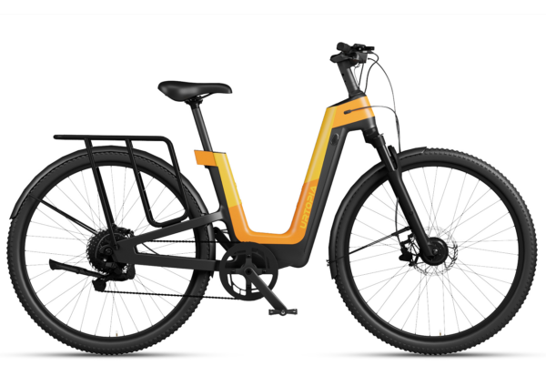 Urtopia electric bike with a step-through frame, rear rack, and yellow and black finish.