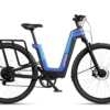 Urtopia step-through electric bike in black and blue with a rear rack.