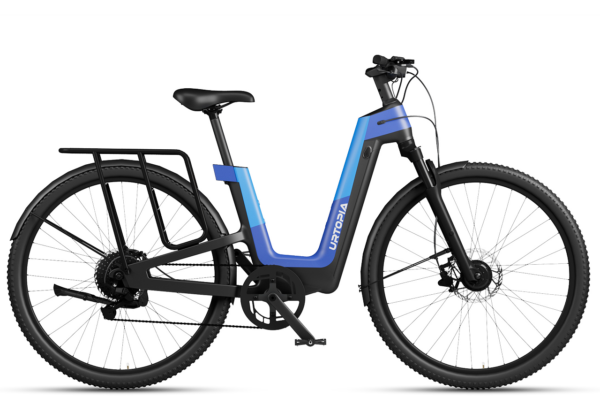 Urtopia step-through electric bike in black and blue with a rear rack.