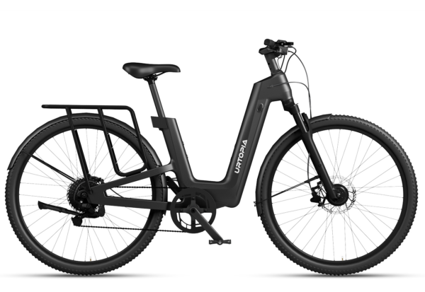 Matte black Urtopia electric commuter bike with a step-through frame, rear rack, and fenders.