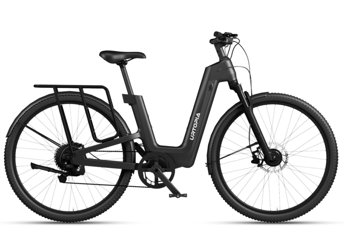Matte black Urtopia electric commuter bike with a step-through frame, rear rack, and fenders.