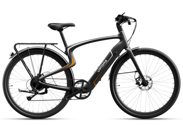 Urtopia carbon fiber e-bike in matte black with orange accents, a rear cargo rack, and disc brakes.