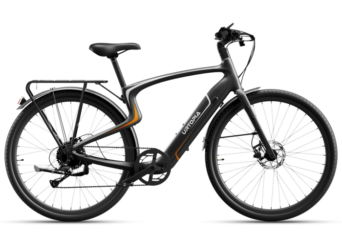 Urtopia carbon fiber e-bike in matte black with orange accents, a rear cargo rack, and disc brakes.