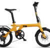 Yellow Urtopia folding electric bicycle with a black rear rack, pedals, and accents.