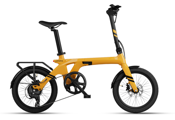 Yellow Urtopia folding electric bicycle with a black rear rack, pedals, and accents.