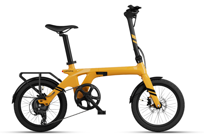 Yellow Urtopia folding electric bicycle with a black rear rack, pedals, and accents.