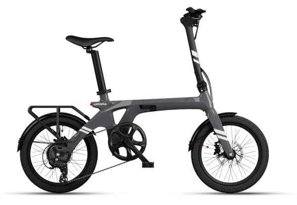 Gray Urtopia folding electric bike with a rear cargo rack and small wheels.