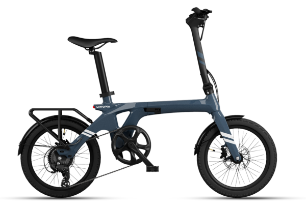 A blue Urtopia folding electric bike with a rear rack and small wheels.